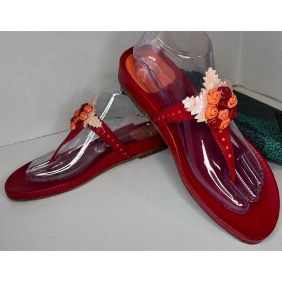 VTG Stuart Weitzman Red Leather Sandals 8.5 Floral Applique Thong Y2K Boho Vacay - Picture 3 of 16